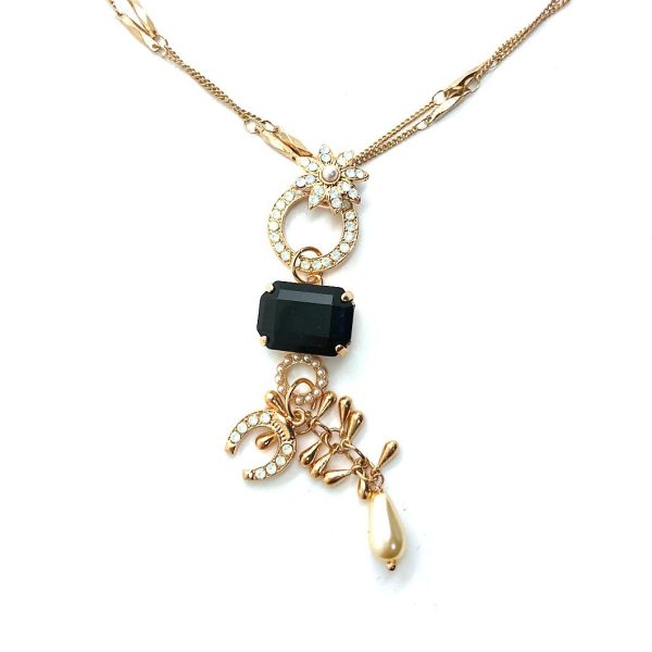 Necklace Pendant By Mariana Woman Detailed Floral Pearl Mineral and Jet Black Swarovski Crystals