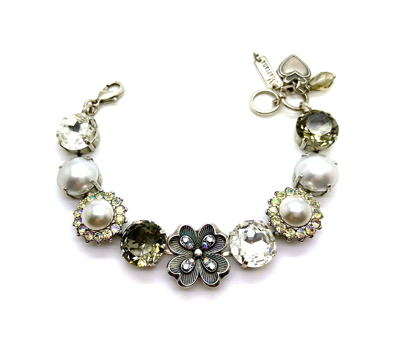 B-4140-1006-SP (1) Mariana Bracelet Flower and Clear, Cream Pearl & Black Diamond Austrian Crystals Casablanca Nostalgia Coll. - Image 1