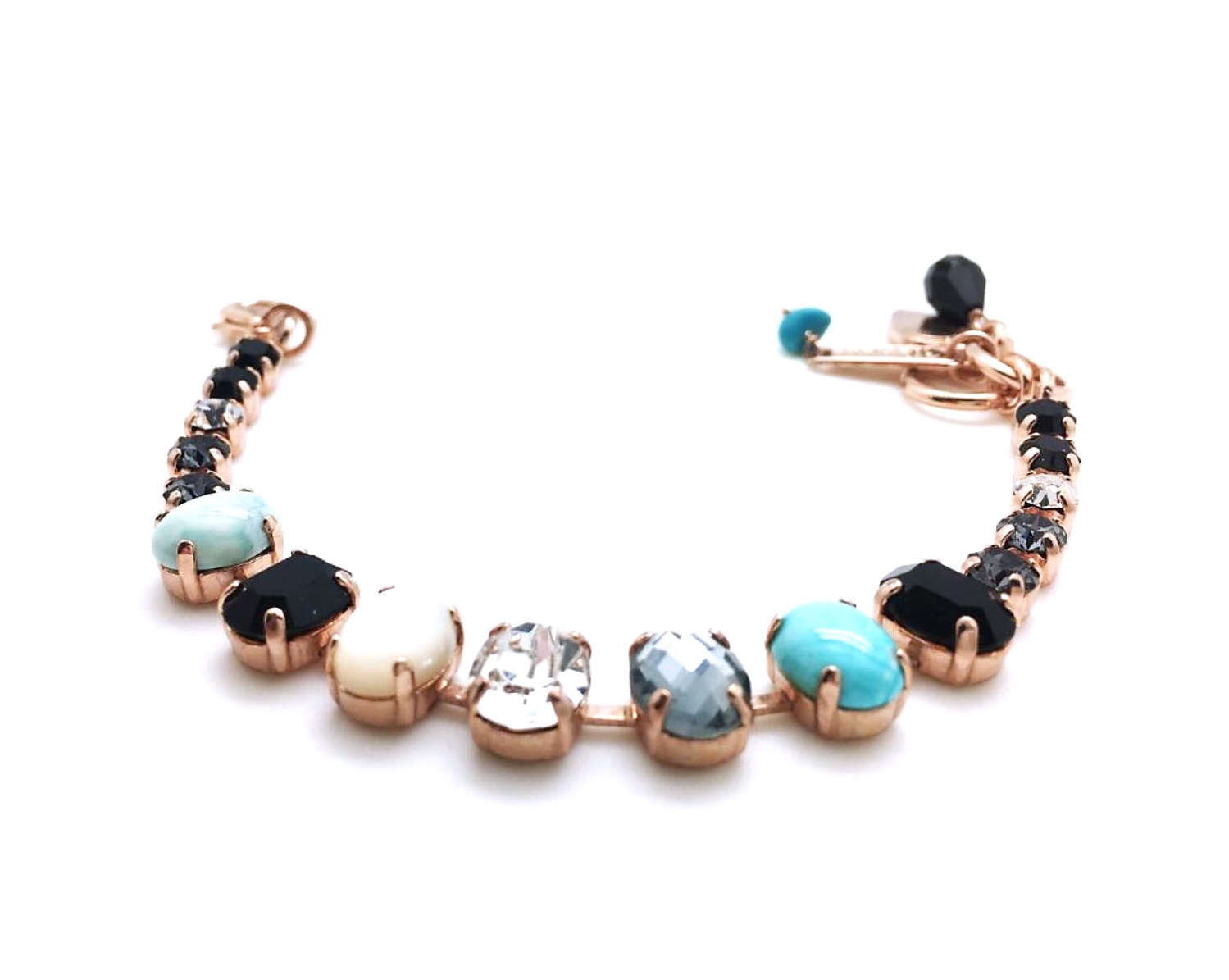 B-4152-1-M1081-RG (2) Mariana Bracelet Turquoise & White Shell & Clear,Blacks Austrian Crystals Zanzibar Africa Coll. - Image 1