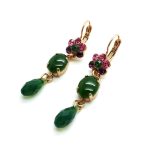 Mariana Earrings Gorgeous Dangling Jade Emerald Mineral with Rose, Amethyst & Fern Green Swarovski Crystals Luck Inspiration Coll.