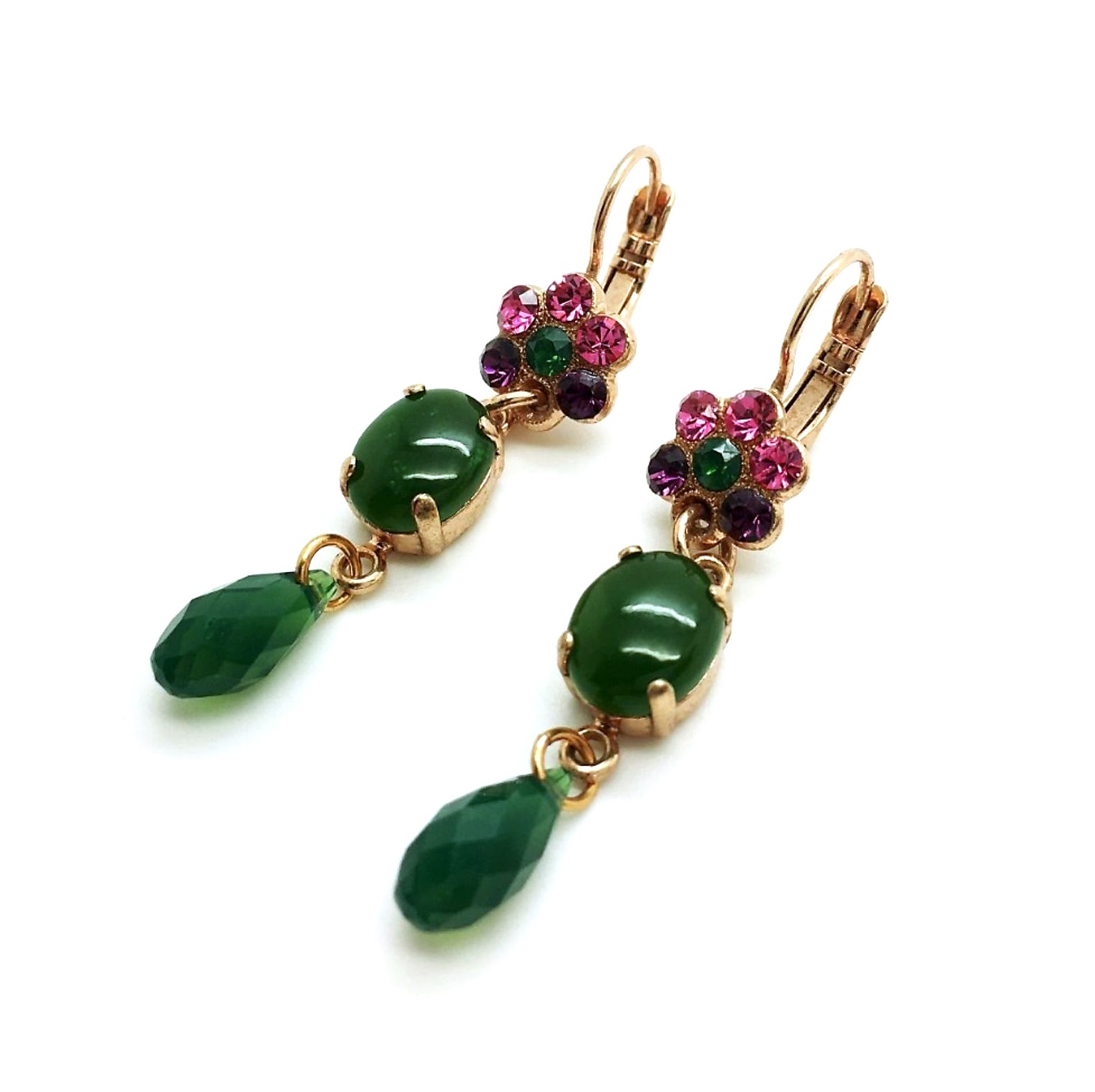 E-1019-1-M1033-RG (2) Mariana Earrings Gorgeous Dangling Jade Emerald Mineral with Rose, Amethyst & Fern Green Swarovski Crystals Luck Inspiration Coll. - Image 1