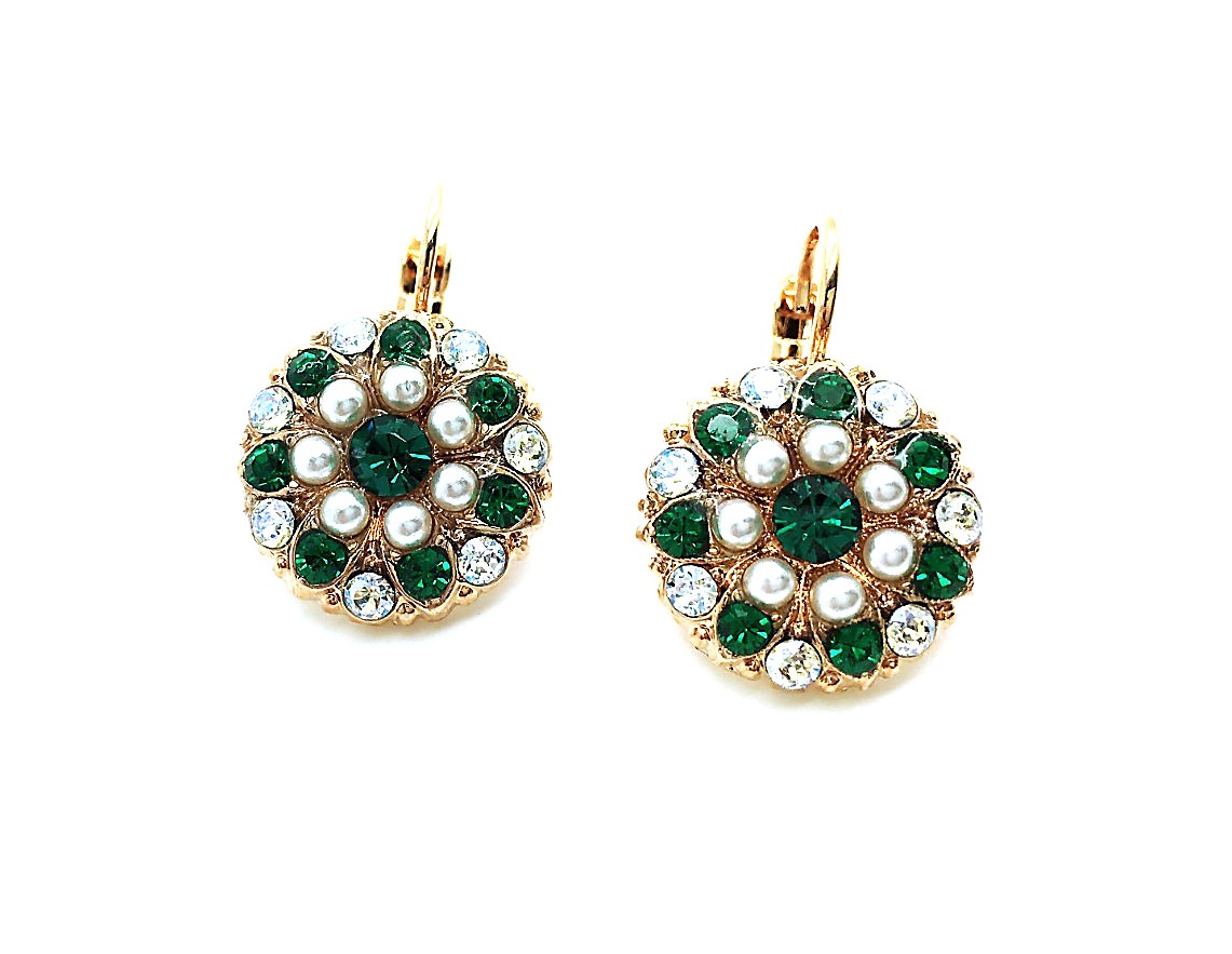 E-1029-139-4-RG6 (1) Mariana Earrings Floral Pearl, Emerald & Lt. Azure Swarovski Crystals My Treasures Coll. - Image 1