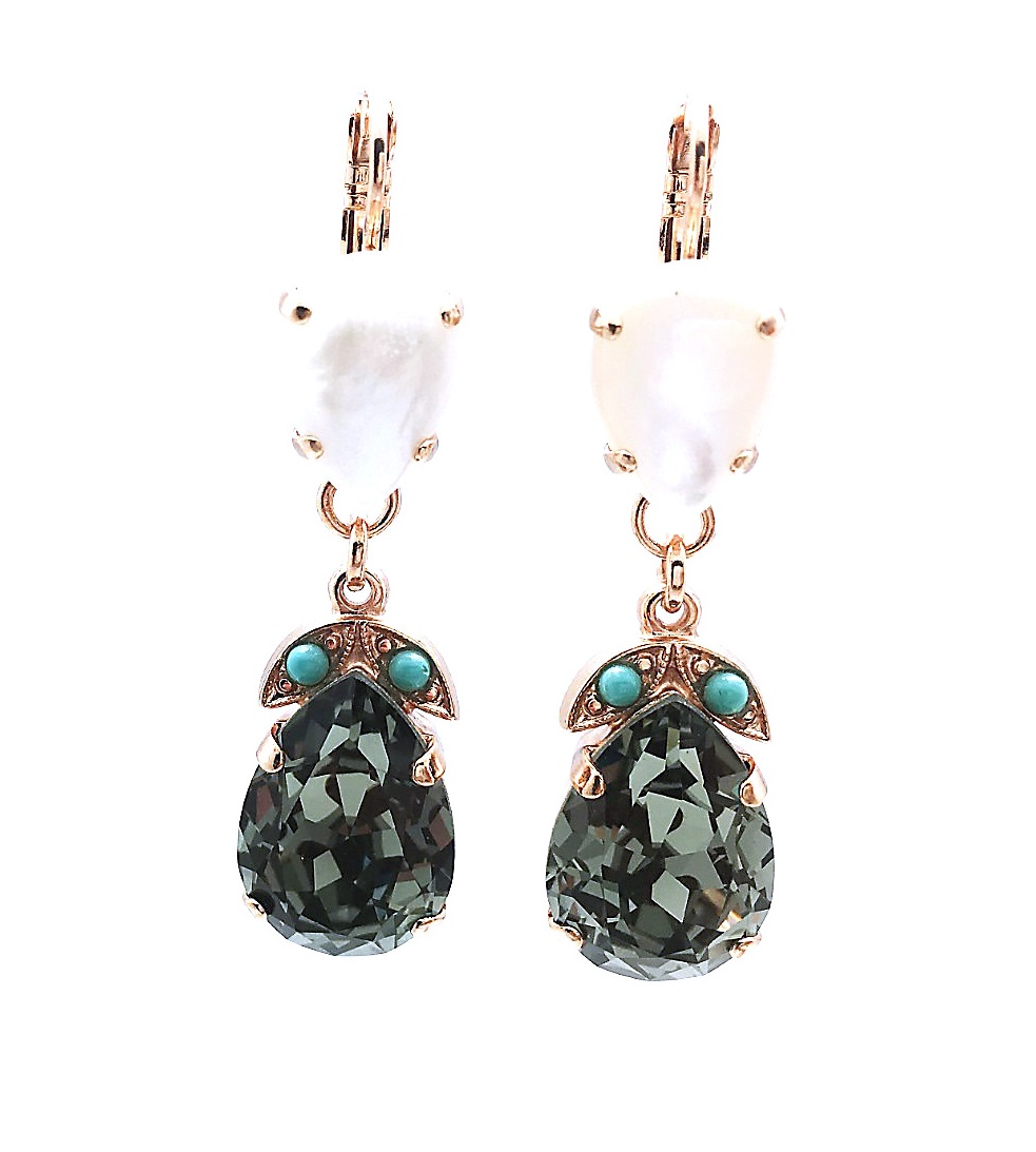 E-1032-4-M1081-RG6 (3) Mariana Earrings Elegant White Shell Mineral & Black Crystal Swarovski Zanzibar Africa Coll. - Image 1