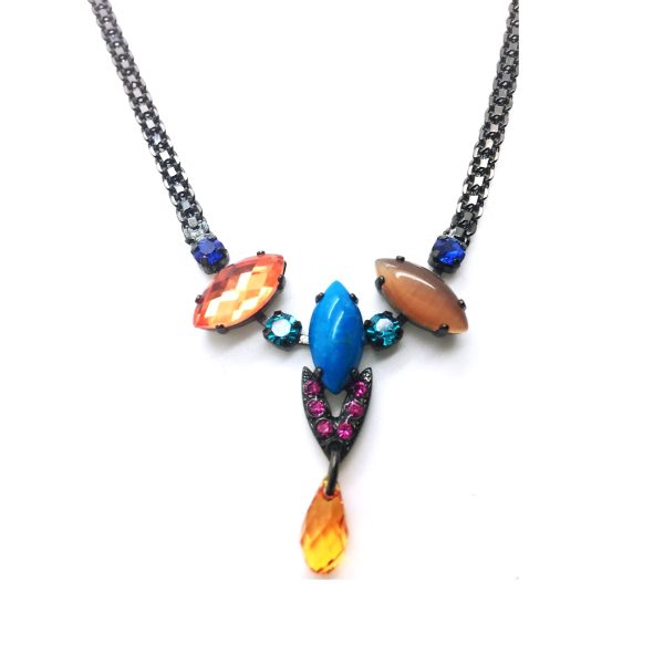 Mariana Necklace Fashionable Yellow Jasper Mineral with Blues, Amber & Fuchsia Swarovski Crystals Fantasy Nirvana Coll.
