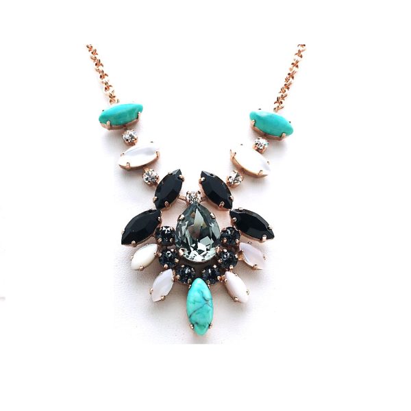 Mariana Necklace Chandelier Black Swarovski Crystal, Shell & Turquoise Mineral Zanzibar Africa Coll.