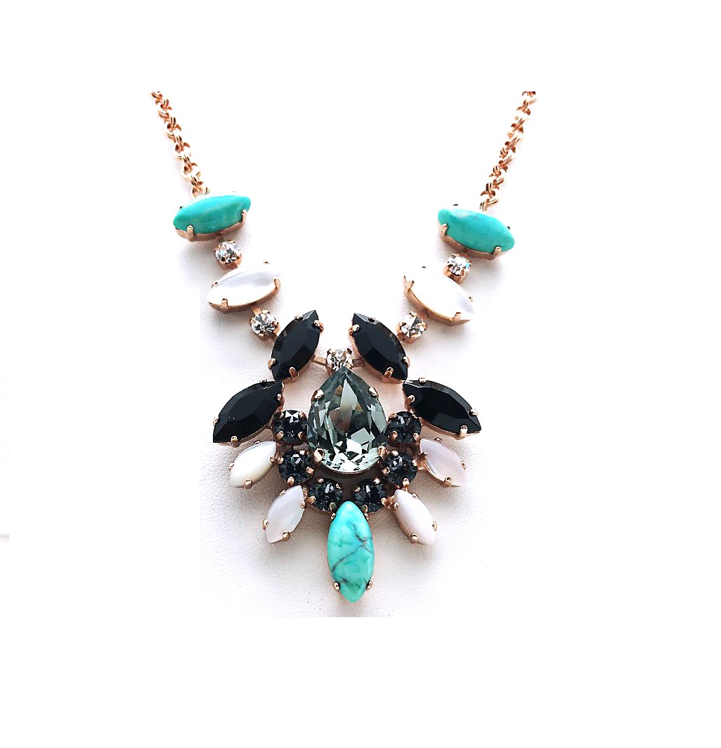 N-3143-3-M1081-RG (3) Mariana Necklace Chandelier Black Swarovski Crystal, Shell & Turquoise Mineral Zanzibar Africa Coll. - Image 1