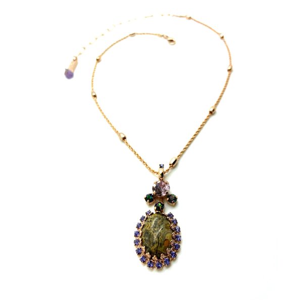 Mariana Necklace Pendant Exquisite Landscape Jasper Mineral with Rainbow Dark, Sapphire & Light Amethyst Crystal Swarovski Audrey Icons Coll.
