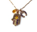 Necklace Pendant By Mariana Woman Hamsa Amber and Sapphire Swarovski Crystals