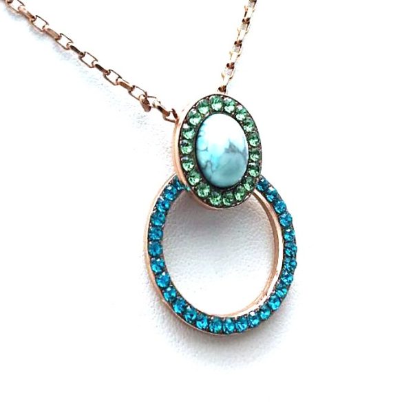 Mariana Necklace Pendant Round Beaded Howlite Chinese Turq Mineral & Peridot  & Blue Zircon Swarovski Crystals Congo Africa Coll.