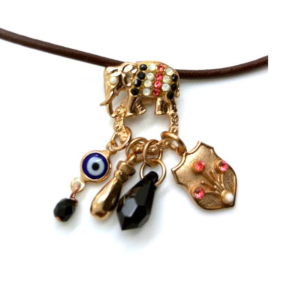 Mariana Necklace Pendant Elephant & Charms Black & Red Swarovski Crystals Silk Road Coll.