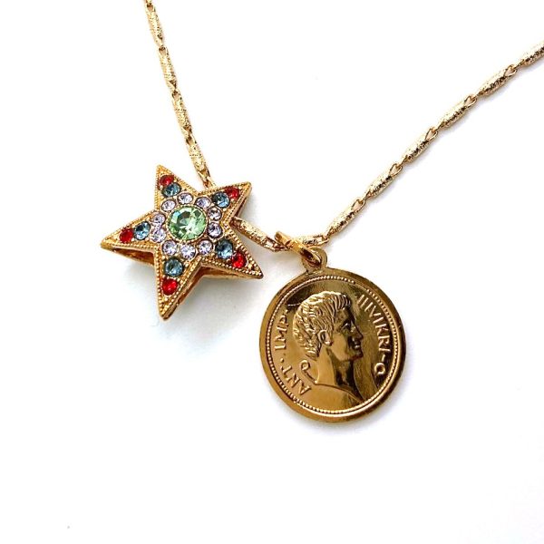 Necklace Pendant By Mariana Woman Coin and Star Light Sapphire and Siam Swarovski Crystals