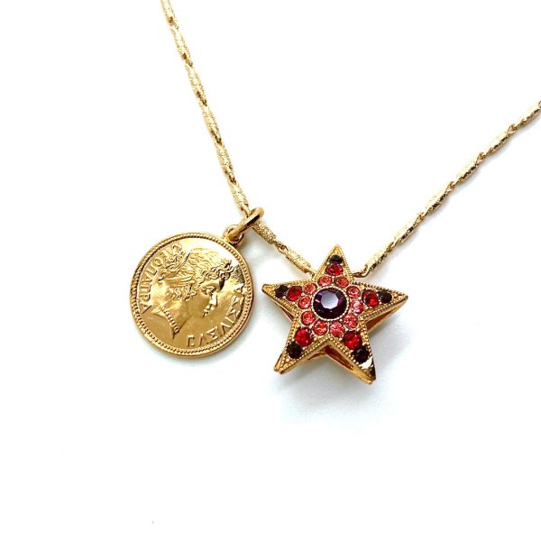 Necklace Pendant By Mariana Woman Coin and Star Beaded Ruby and Purple Swarovski Crystals
