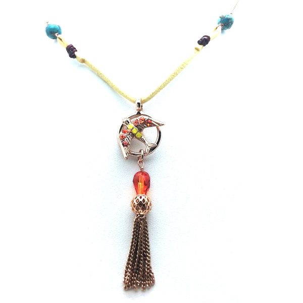 Mariana Necklace Pendant Bird Beaded Sun ,Yellow Opal Swarovski Crystals & Turquoise Mineral Masai Africa Coll.