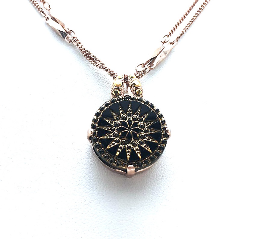 N-5584-8946-RG (1) Mariana Necklace Pendant Round Intricate Sun Pattern Rose Gold & Jet Black Austrian Crystals My Treasures Coll. - Image 1