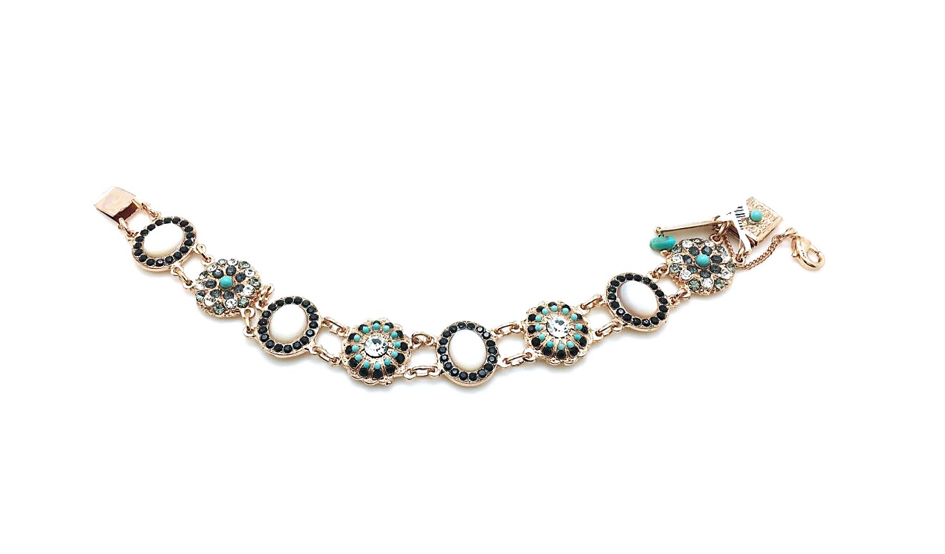 B-4054-1-M1081-RG (3) Mariana Bracelet Gorgeous Shell & Turq Minerals with Blacks Swarovski Crystals Africa Coll. - Image 1