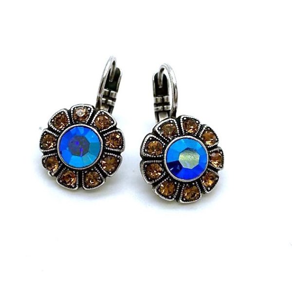 Mariana Earrings Flower Shape Sapphire & Smoked Topaz Swarovski Crystals My Treasures Coll.