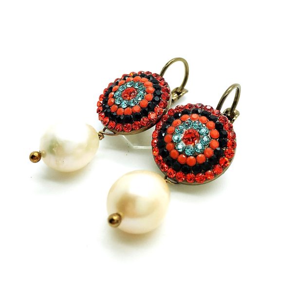 Mariana Earrings Dangling Pearl Mineral & Multi Color Swarovski Crystals Caribbean Life Coll.