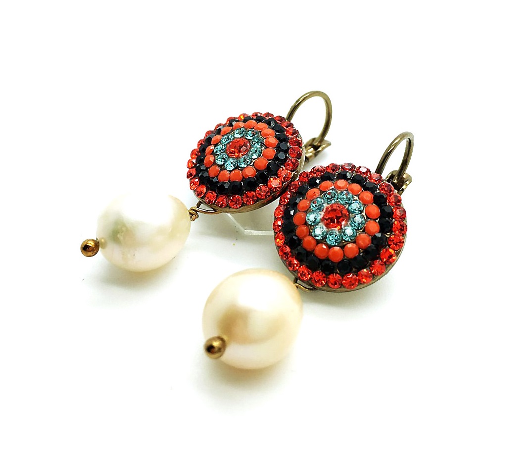 E-1193H-M1104-BR6 (2) Mariana Earrings Dangling Pearl Mineral & Multi Color Swarovski Crystals Caribbean Life Coll. - Image 1