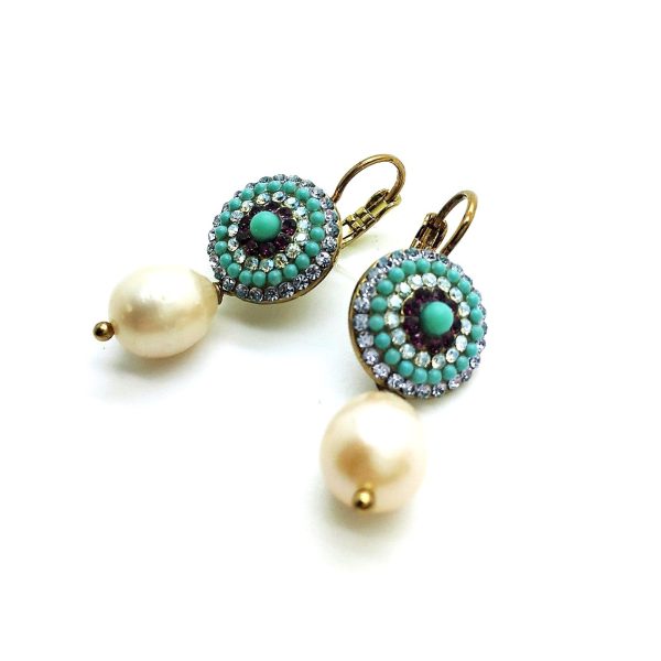 Earrings By Mariana Woman Drop Pearl Mineral and Purple Swarovski Crystals