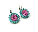Earrings By Mariana Woman Flower Fuchsia and Aquamarine Swarovski Crystals - Image 3