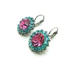 Earrings By Mariana Woman Flower Fuchsia and Aquamarine Swarovski Crystals