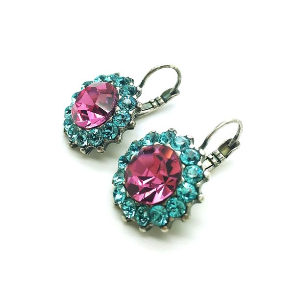 Earrings By Mariana Woman Flower Fuchsia and Aquamarine Swarovski Crystals