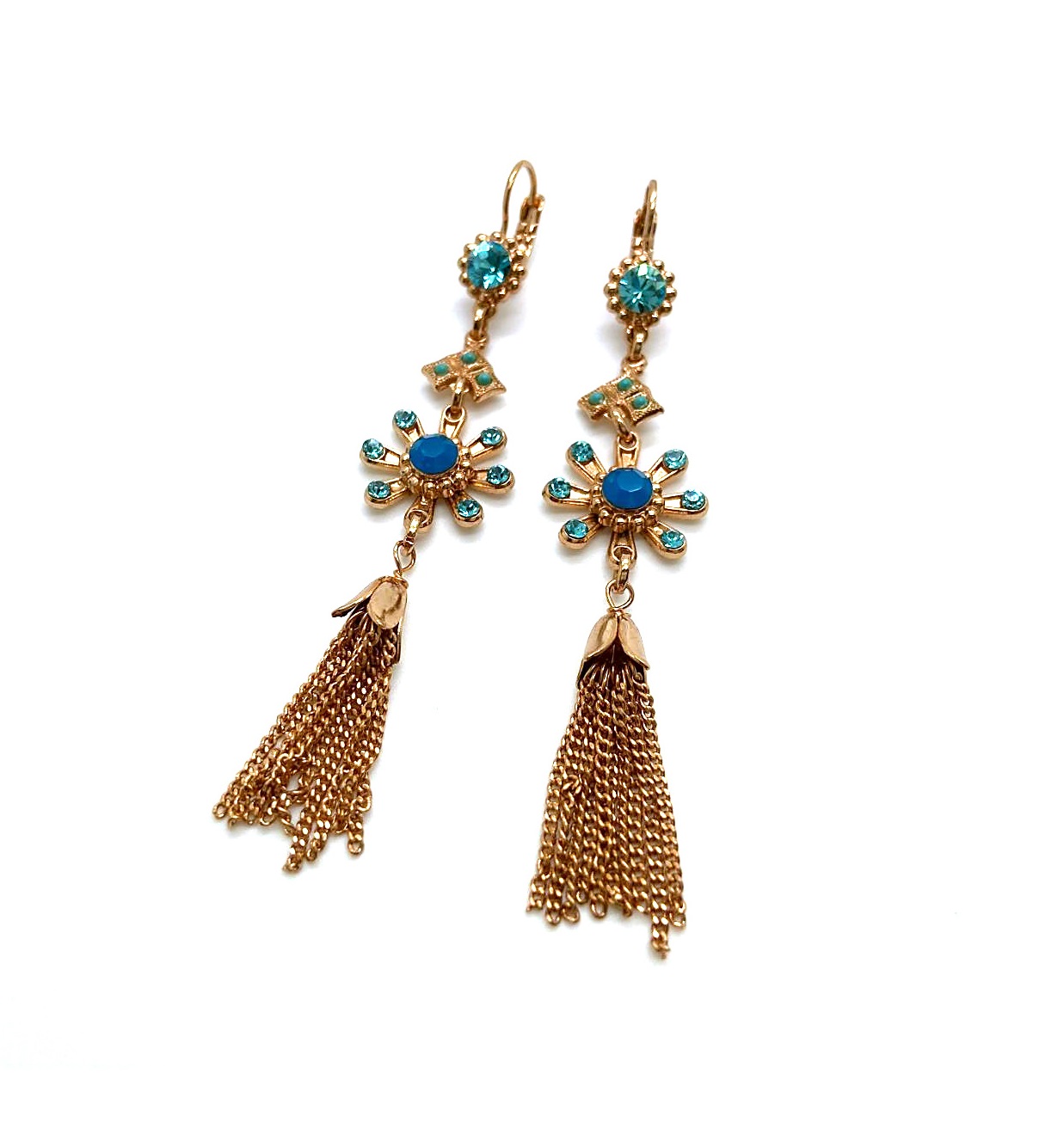 E-1412-1-1082-RG6 (3) Mariana Earrings Dangling Floral Tassel Blues Swarovski Crystals Zambezi Africa Coll. - Image 1