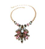 Mariana Necklace Chandelier Obsidian Mineral, Blk & Pink Swarovski Crystals Inspiration Coll.