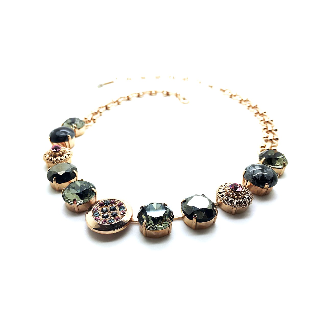 N-3249-M1083-RG (1) Mariana Necklace Snowflake Obsidian Mineral, Greys & Pinks Swarovski Crystals Africa Coll. - Image 1