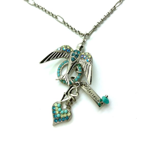 Mariana Necklace Pendant Bird & Charms in Greens Swarovski Crystals Ambrosia Coll.