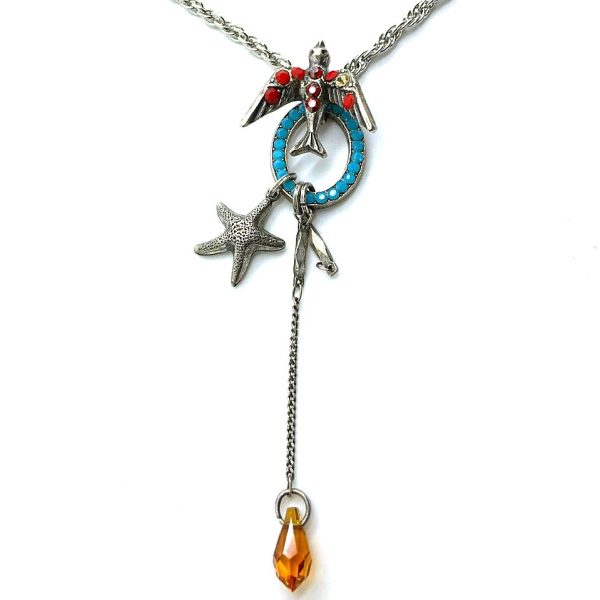 Mariana Necklace Pendant Bird Charms Red, Blue & Amber Swarovski Crystals Gypsy Soul	 Coll."