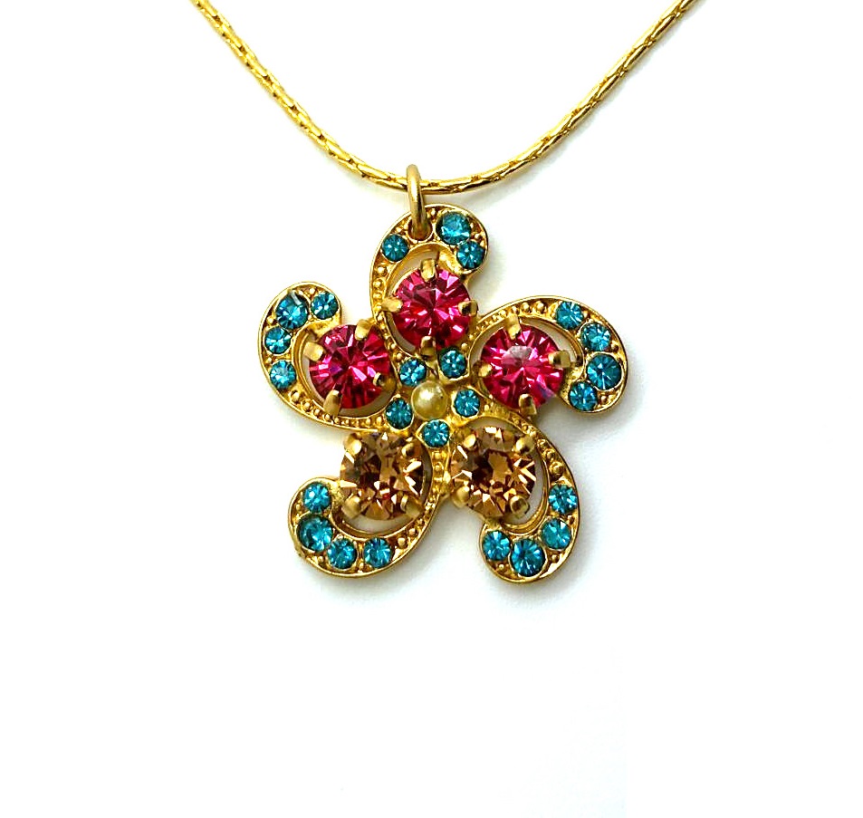 N-5236-1330-YG (3) Necklace Pendant By Mariana Woman Timeless Fuchsia and Aqua Swarovski Crystals - Image 1