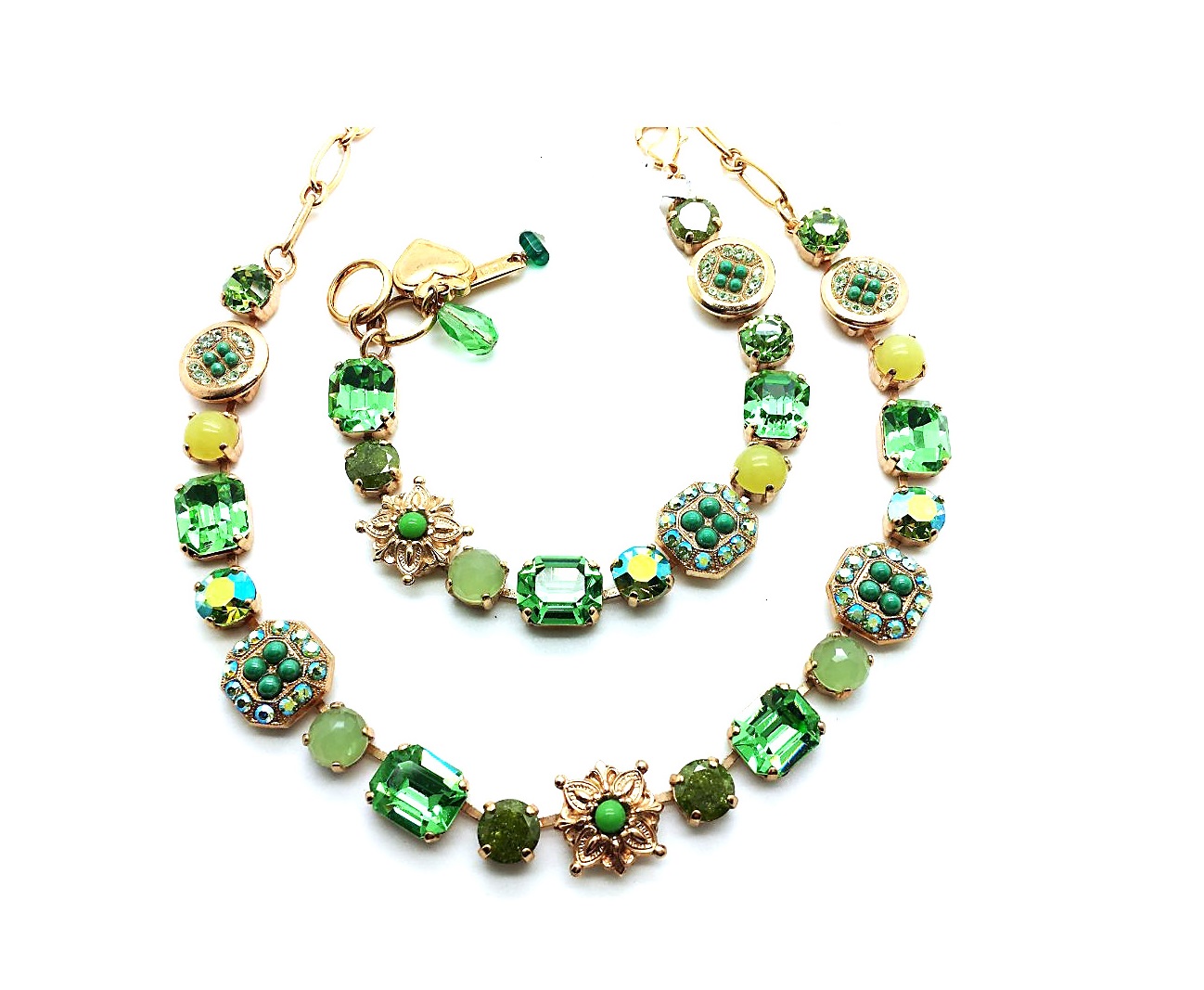 Set025 (1) Jewelry Set By Mariana Silk Road Coll. Necklace & Bracelet Green Quartz Mineral and Austrian Crystals - Image 1