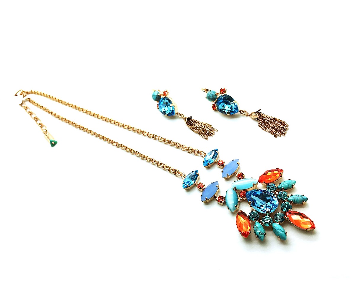Set028 (2) Mariana Jewelry Set Necklace & Earrings Turquoise, Coral Minerals & Austrian Crystals Serengeti Africa Coll. - Image 1