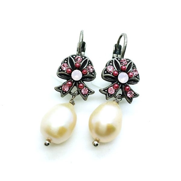 Mariana Earrings Bow Dangling Pearl Mineral & Pink Swarovski Crystal Icons Coll.