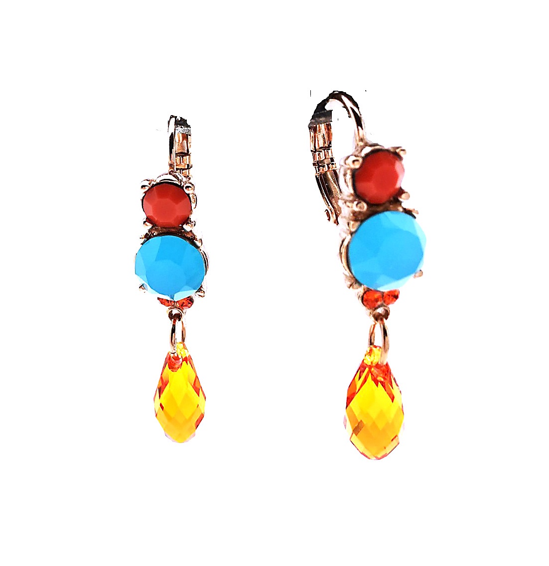 E-1012-1-1079-RG6 (2) Mariana Earrings Dangling Blues & Oranges Swarovski Crystals Serengetti Africa Coll. - Image 1