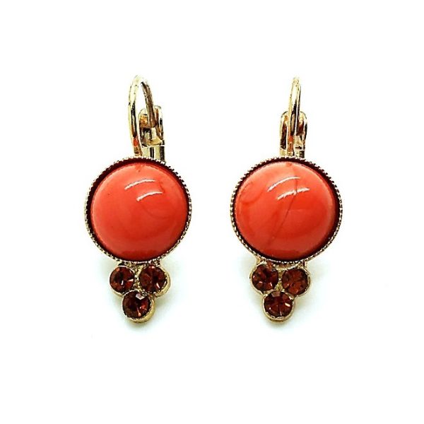 Mariana Earrings Elegant Round Coral & Smoked Topaz Swarovski Crystals My Treasures Coll.