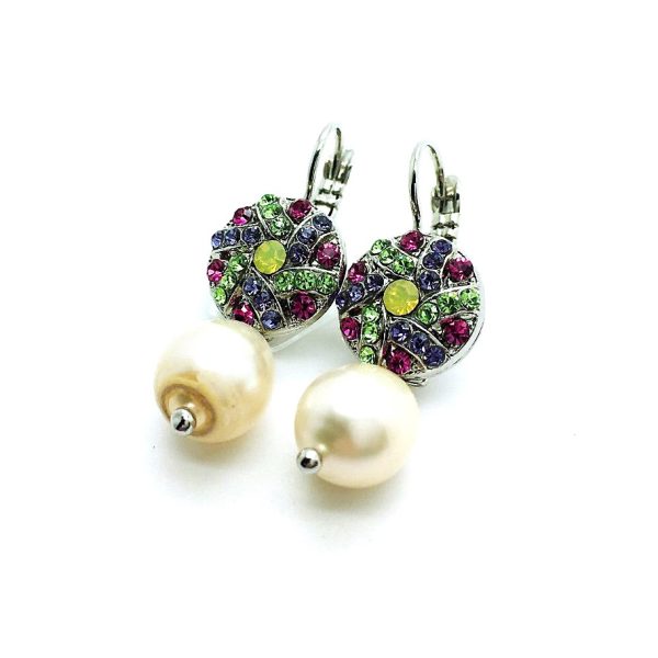 Mariana Earrings Round Dangling Pearl & Colorful Swarovski Crystals Caribbean Life Coll.