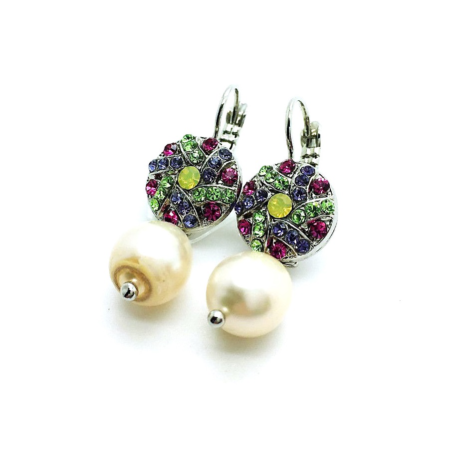 E-1059 147-333-1-RO6 (3) Mariana Earrings Round Dangling Pearl & Colorful Swarovski Crystals Caribbean Life Coll. - Image 1