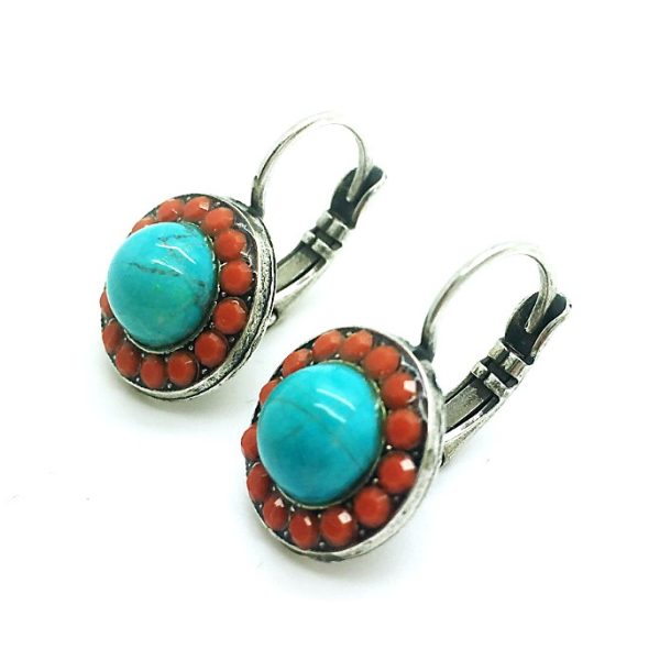 Mariana Earrings Dainty Floral Turquoise Mineral & Orange Opal Austrian Crystals My Treasures Coll.