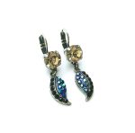 Earrings By Mariana Woman Leaf Beaded Amber and Jet Swarovski Crystals - Image 2