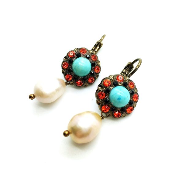 Mariana Earrings Howlite Chinese Turq, Pearl Mineral & Swarovski Crystal Caribbean Life Coll.