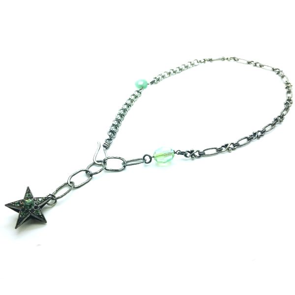 Mariana Necklace Silver Plated Chain & Star Shape Jade Olive Mineral My Treasures Coll.