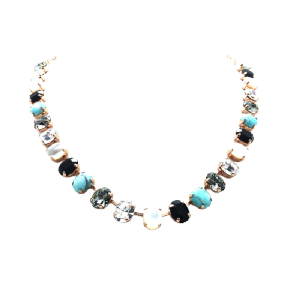 Mariana Necklace Beaded Shell & Turq Minerals with Blacks & Clear Swarovski Crystals Africa Coll.
