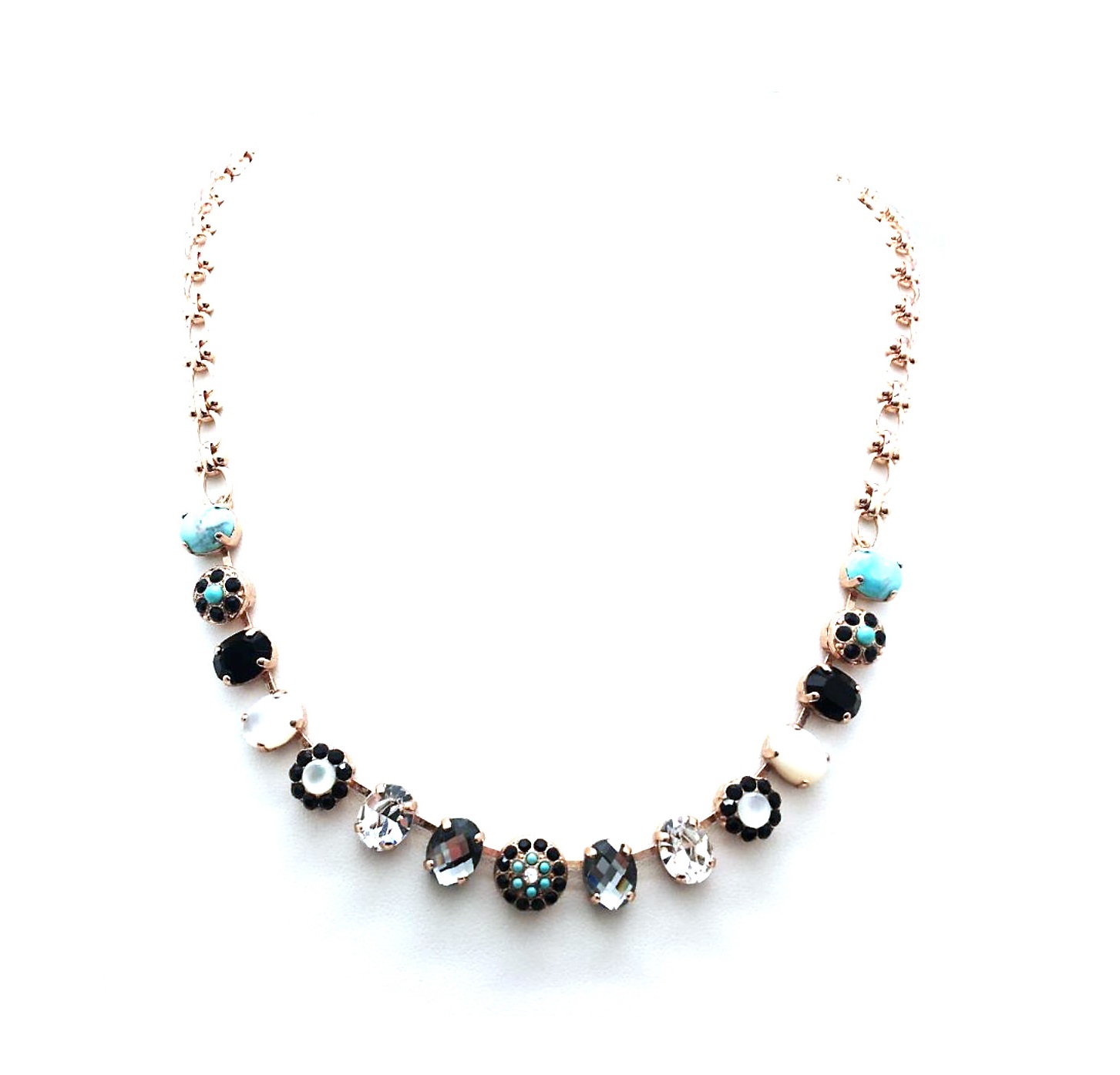 N-3416-M1081-RG (1) Mariana Necklace Floral Turq & Shell Minerals with Blacks & Clear Swarovski Crystals Africa Coll. - Image 1