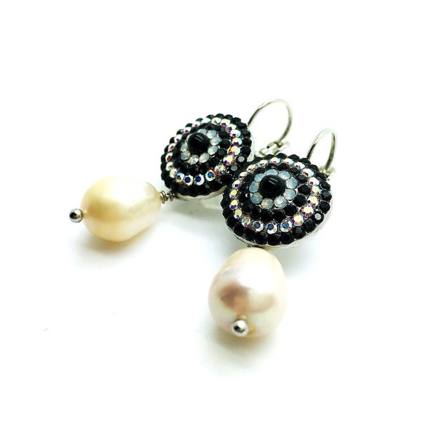 Mariana Earrings Dangling White Shell Mineral, AB & Jet Swarovski Crystals Caribbean Life Coll.