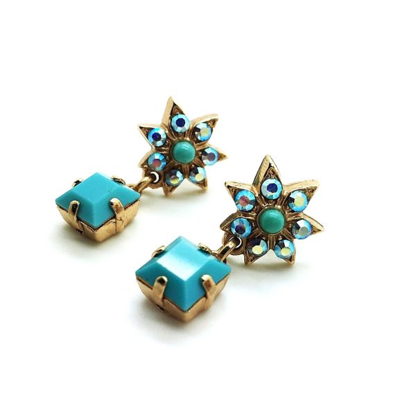 Mariana Earrings Floral Dangling Turq & AB Swarovski Crystals My Treasures Coll.