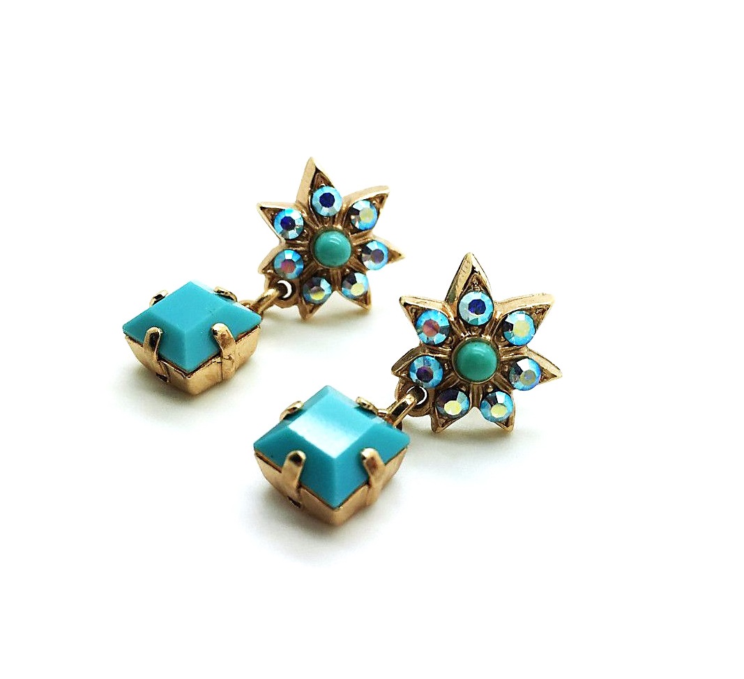E-1419-2-267-RG2 (2) Mariana Earrings Floral Dangling Turq & AB Swarovski Crystals My Treasures Coll. - Image 1