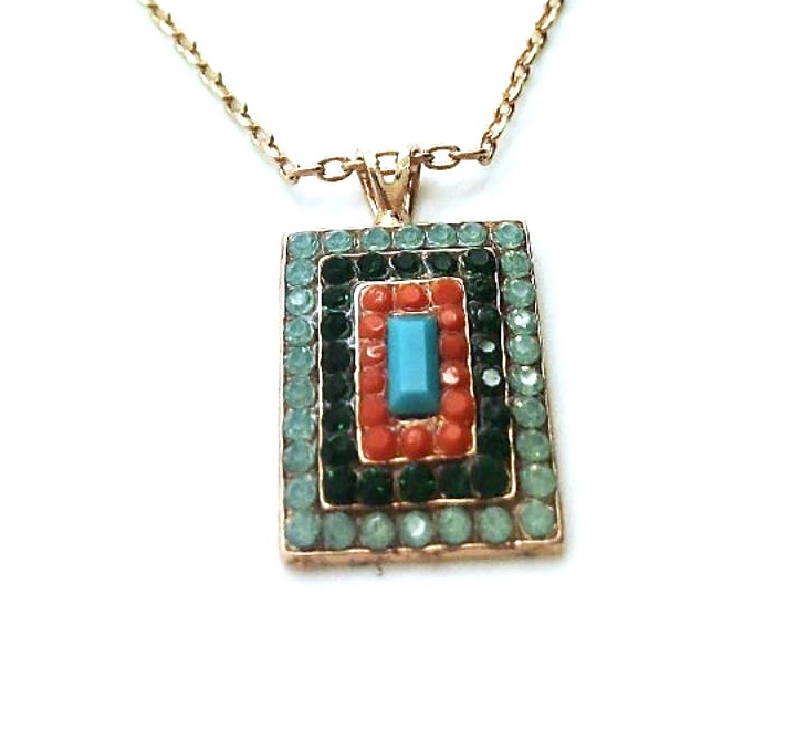 N-5000-3-M333-RG (1) Mariana Necklace Pendant Turquoise Mineral, Jet, Orange & Pacific Opal Austrian Crystals My Treasures Coll. - Image 1