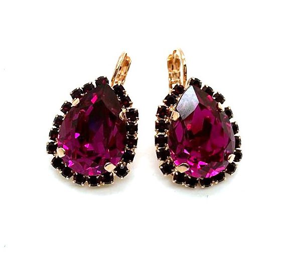 Mariana Earrings Elegant Pear Shape Ruby & Jet Austrian Crystals Songbook Coll. Rose Gold